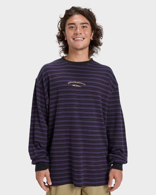 Image of a model wearing Tops. Productname: Quiksilver Mens Mercury Old Hoop Long Sleeve T-Shirt Purple Velvet - in Purple Velvet colour by brand - Quiksilver