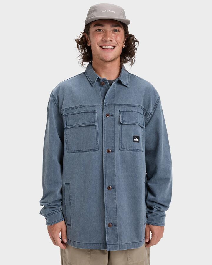 Image of a model wearing Tops. Productname: Quiksilver - Mens Mohab Long Sleeve Shirt - Dark Navy - in Dark Navy colour by brand - Quiksilver