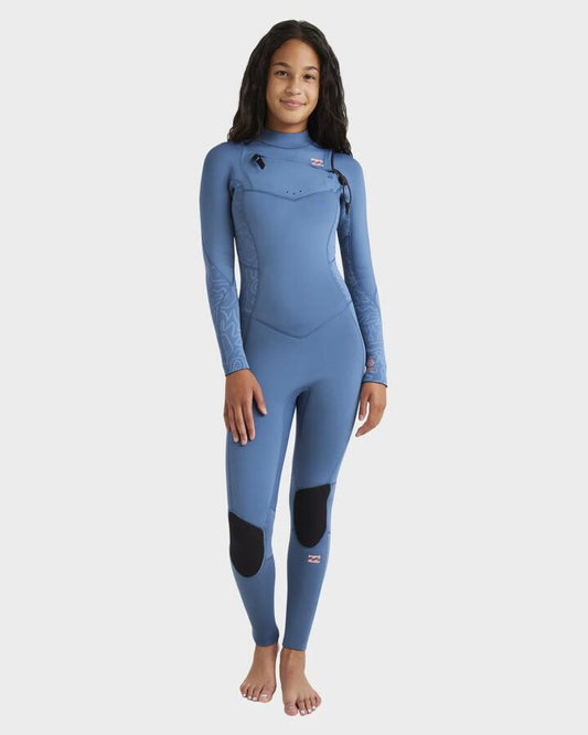 Image of Wetsuits. Product name - Billabong Girls 8-14 4/3Mm Synergy Natural Chest Zip Steamer Wetsuit Tidal Blue in Tidal Blue colour by brand - Billabong