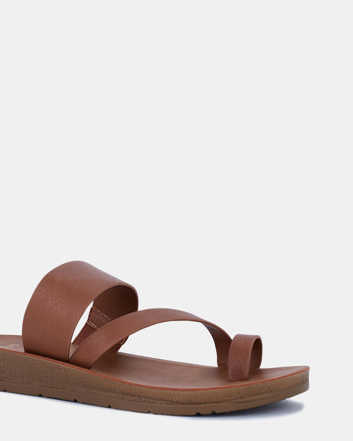 Image of Sandals. Product name - Sabah Tan Flat Sandals in Tan colour by brand - Novo
