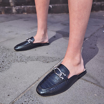 Image of Flats. Product name - Carletta Black Croc Slip Ons in Black colour by brand - Novo