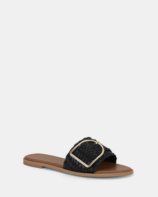 Image of Slippers. Product name - Rene Black Plait Slides in Black Plait colour by brand - Novo