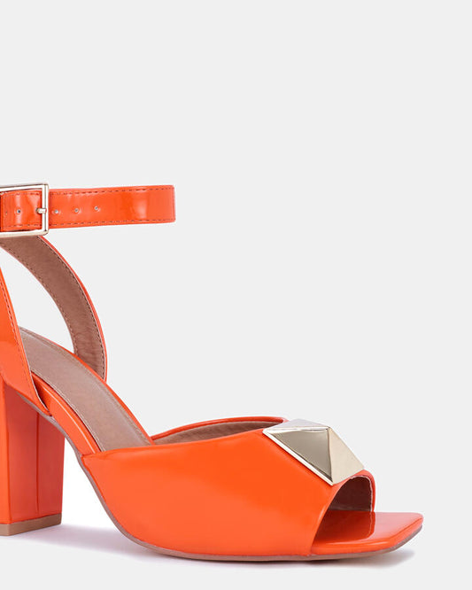 Image of Heels. Productname: Lindi: Papaya Patent - Women's Strappy - High Heel in Orange colour by brand - Novo