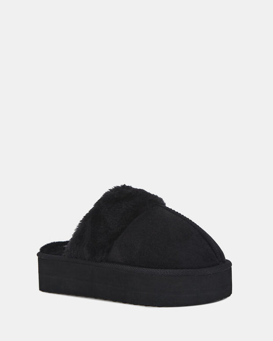 Image of Slippers. Product name - Fuzzy Black Slippers in Black colour by brand - Novo