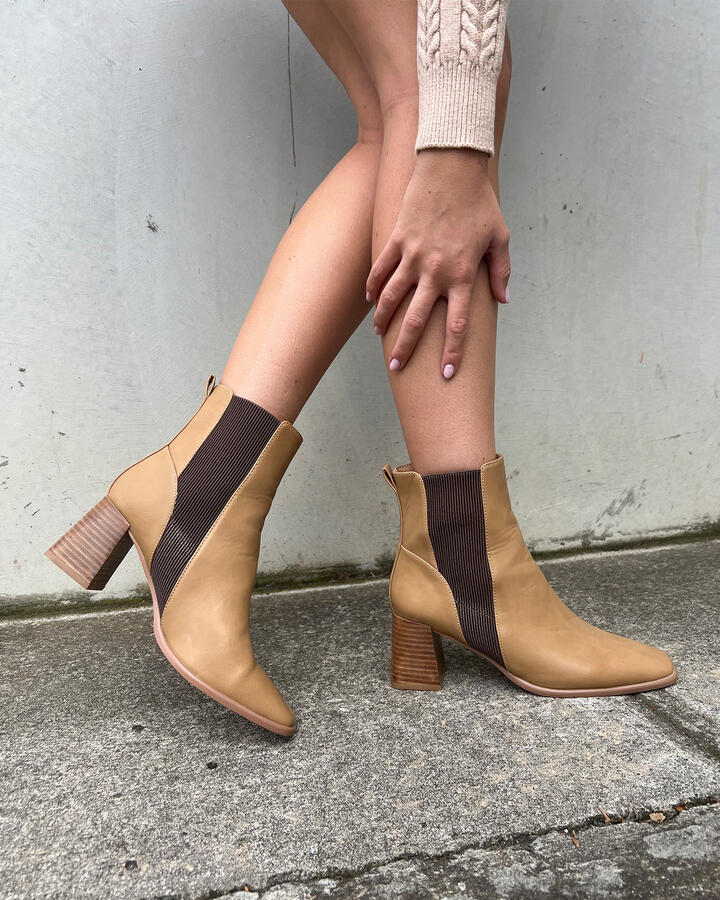Image of Boots. Productname: DOMINICA CAMEL Women's Boot Low-Mid Heel Novo Boots in Beige colour by brand - Novo