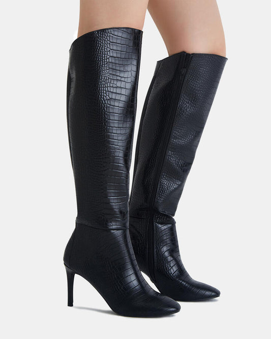 Image of Boots. Product name - Orson Black Croc Long Boots in Black colour by brand - Novo