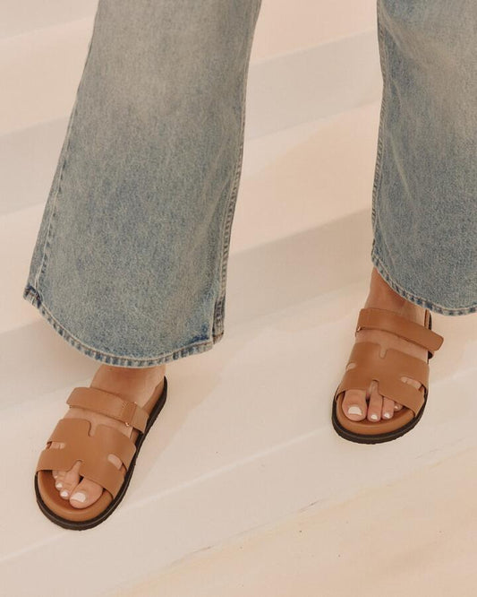 Image of Sandals. Product name - Slothy Caramel Vegan Sandals in Caramel colour by brand - Novo