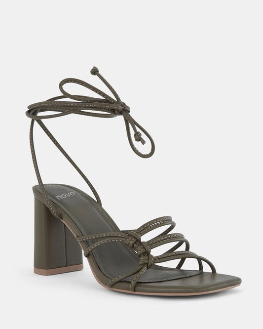 Image of Heels. Product name - Milano Khaki Open Toe Heels in Green colour by brand - Novo