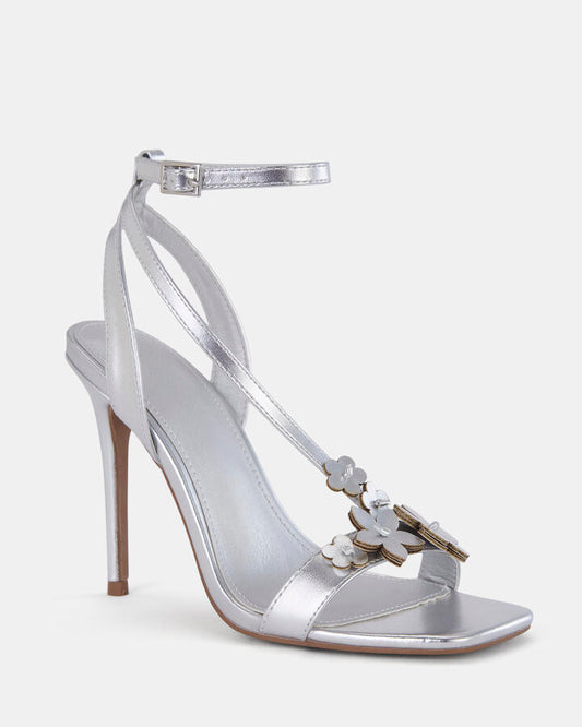 Image of Heels. Product name - Zathena Silver Open Toe Heels in Multi colour by brand - Novo