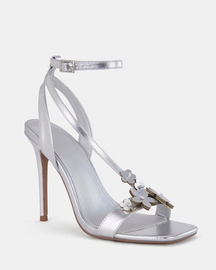Image of Heels. Product name - Zathena Silver Open Toe Heels in Multi colour by brand - Novo