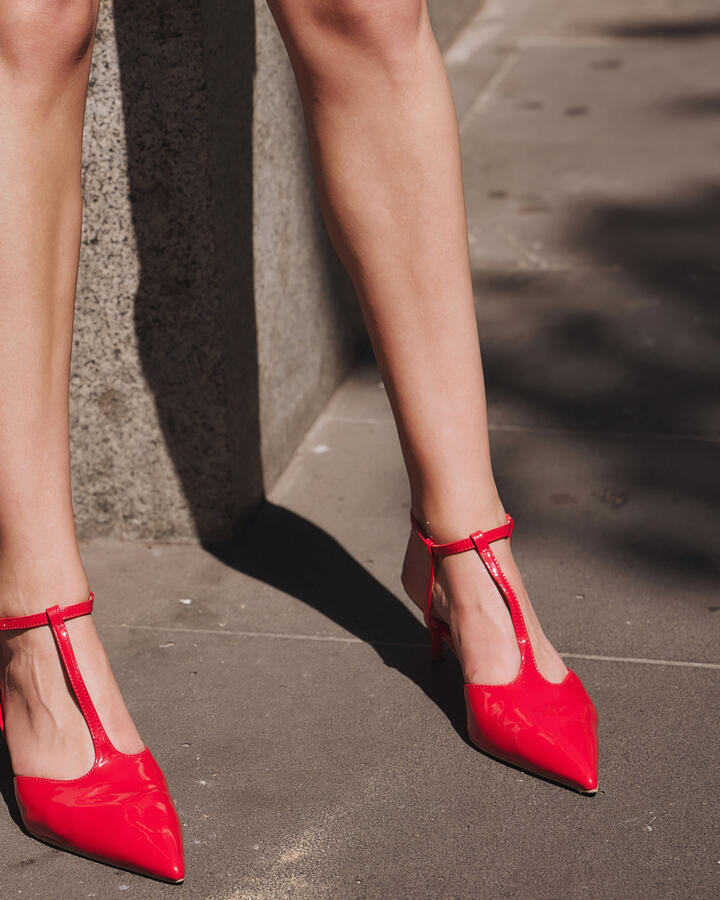 Image of Heels. Product name - Invergio Red Patent Vegan Heels in Red colour by brand - Novo