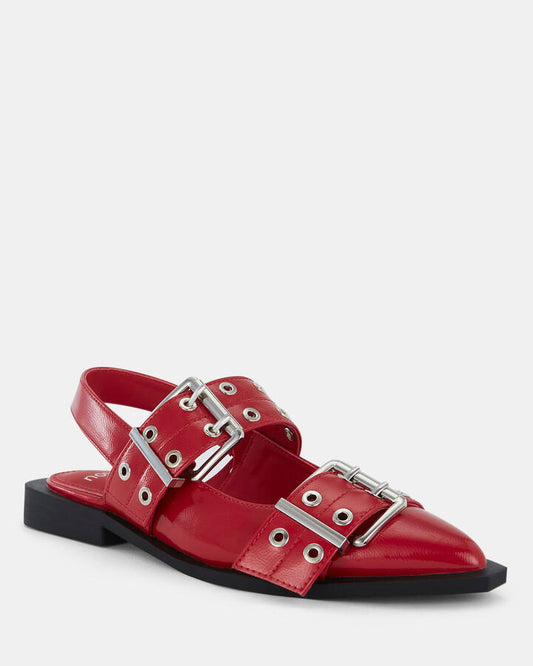 Image of Flats. Product name - Zimbi Red Patent Slip Ons in Red colour by brand - Novo