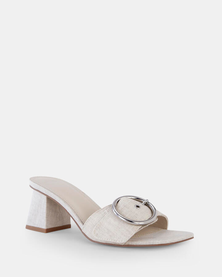 Image of Heels. Product name - Umayma Linen Vegan Heels in Neutral colour by brand - Novo