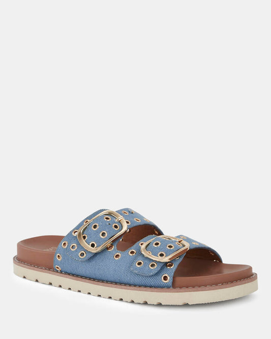 Image of a model wearing Denim. Productname: SALMAR DENIM Women's Thongs Novo Sandals in Blue colour by brand - Novo