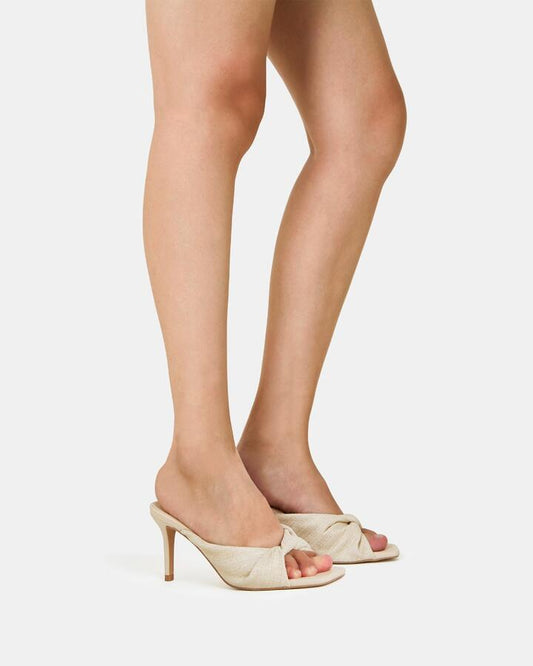 Image of Slippers. Product name - Foxx Metallic Linen Stilettos in Metallic Linen colour by brand - Novo