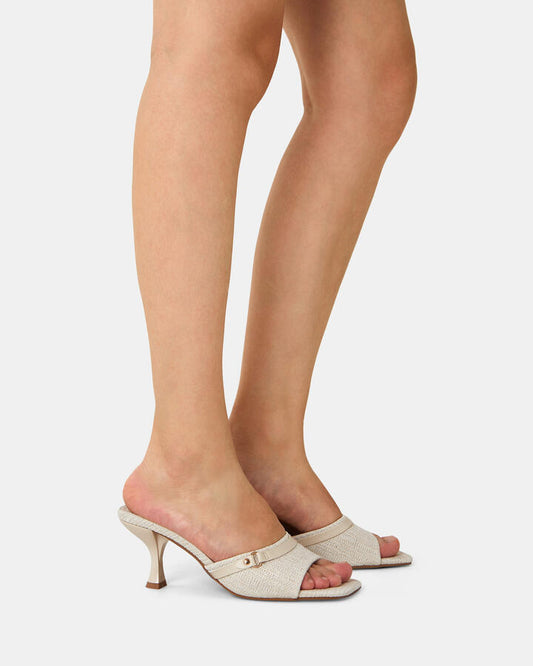 Image of Heels. Productname: Urtha: Metallic Linen - Women's Strappy - Low Heel in Metallic Linen colour by brand - Novo