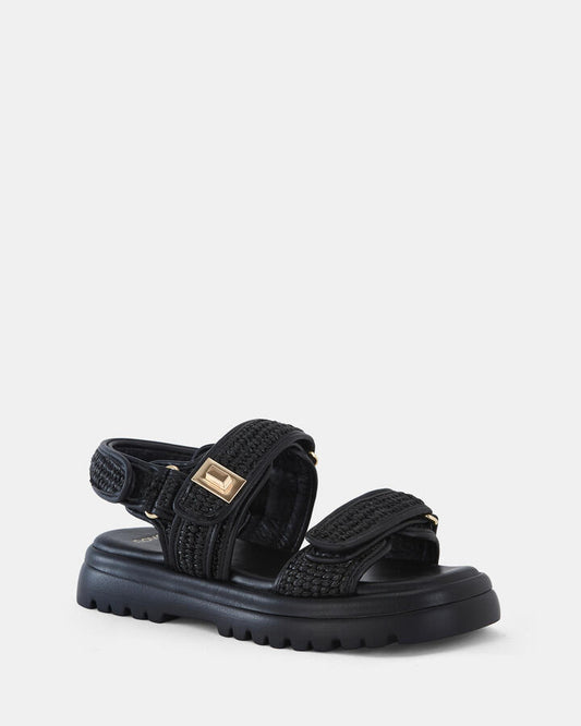 Image of Flats. Productname: TOBIAS: BLACK RAFFIA - Women's Strappy - Flat in Black Raffia colour by brand - Novo