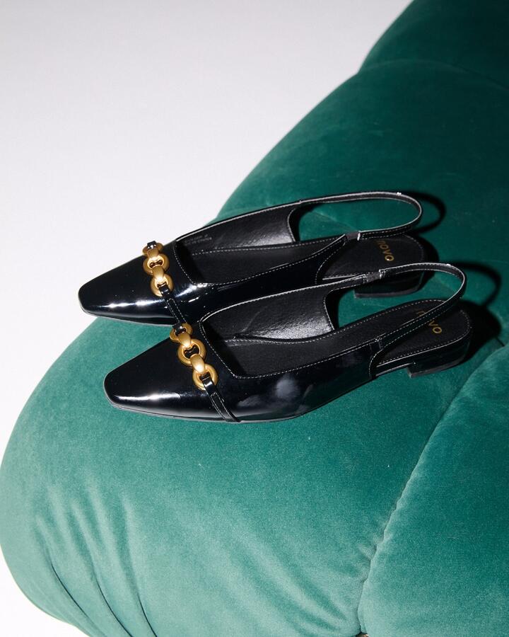 Image of Flats. Product name - Colish Black Patent Vegan Flats in Black colour by brand - Novo