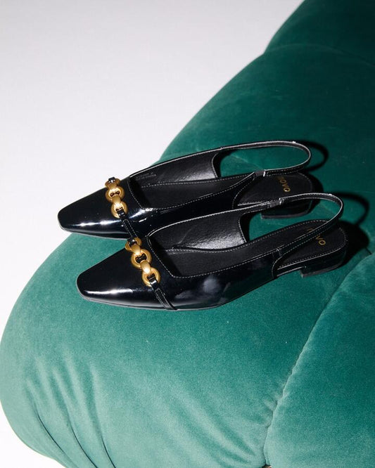 Image of Flats. Product name - Colish Black Patent Vegan Flats in Black colour by brand - Novo