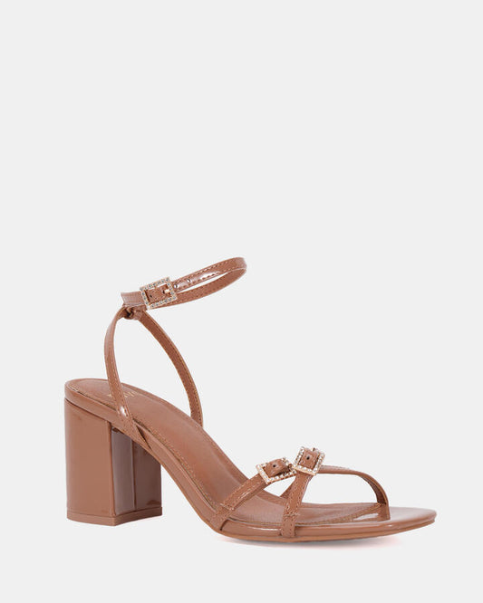 Image of Heels. Productname: Magali: Toffee Patent - Women's Strappy - High Heel in Toffee Patent colour by brand - Novo