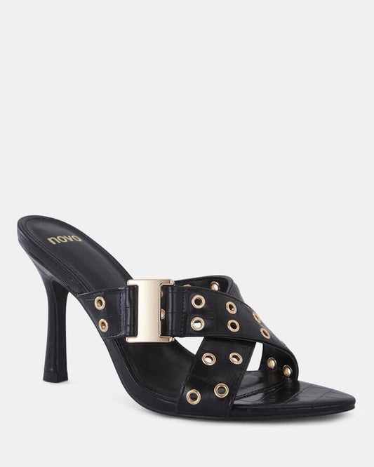 Image of Heels. Productname: NOLA Black Croc Women's Strappy - High Heel Novo Heels in Black colour by brand - Novo