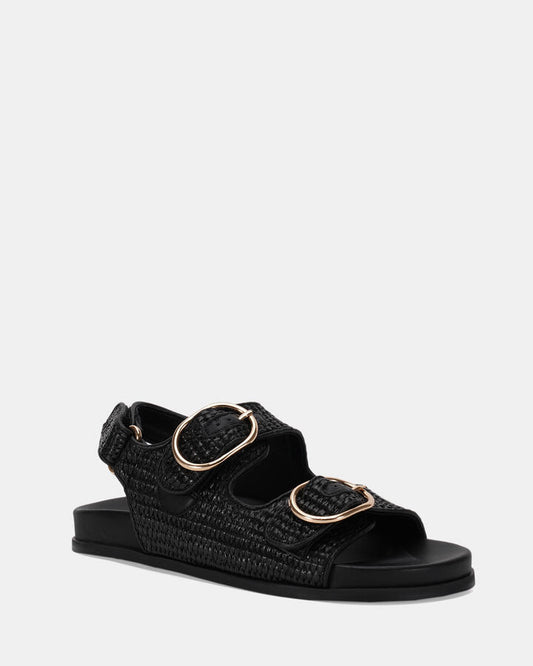 Image of Flats. Productname: TERI: BLACK RAFFIA - Women's Strappy - Flat in Black Raffia colour by brand - Novo
