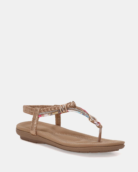Image of Flats. Productname: ELSANDY GOLD Women's Strappy - Flat Novo Sandals in Metallic colour by brand - Novo
