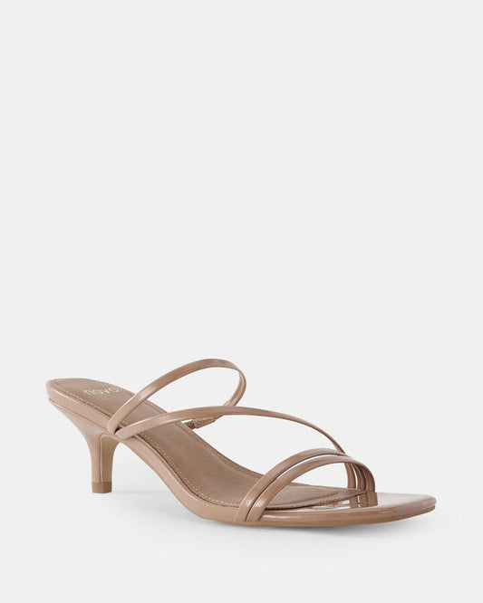 Image of Heels. Productname: Udita: Camel Patent - Women's Strappy - Low Heel in Camel Patent colour by brand - Novo