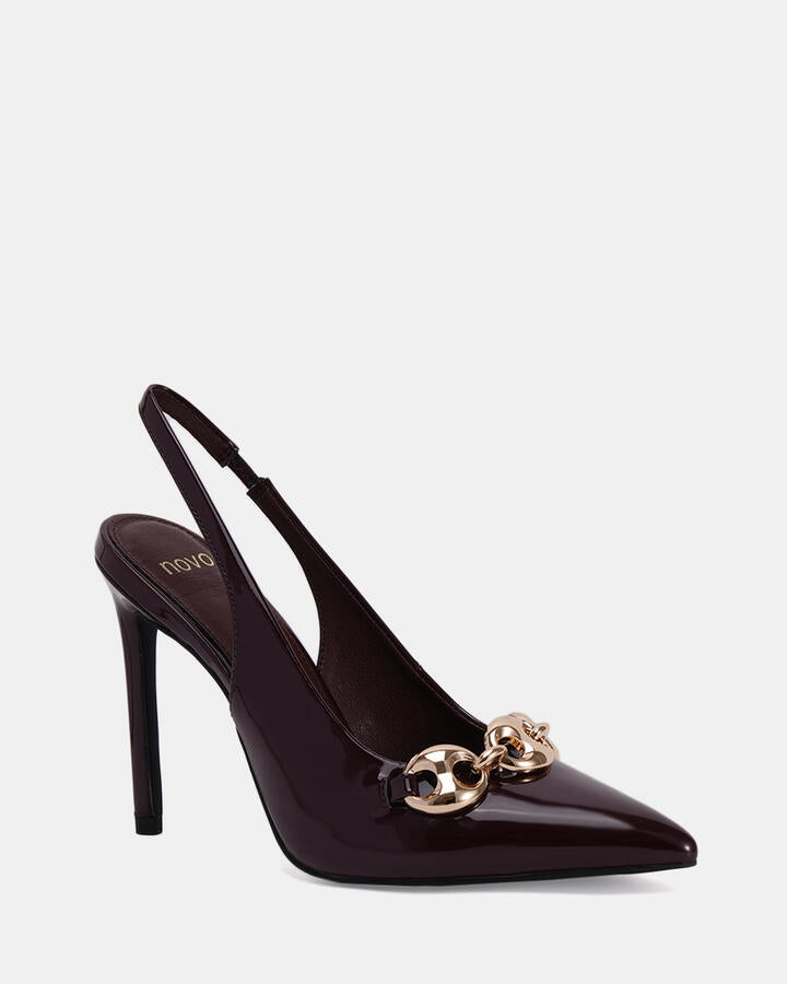 Image of Heels. Product name - Zeally Espresso Patent Vegan Heels in Espresso Patent colour by brand - Novo