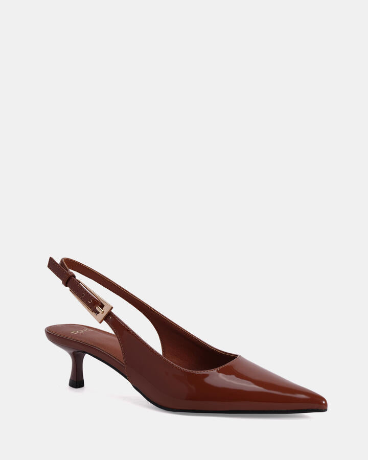 Image of Heels. Product name - Ivalia Coffee Patent Vegan Heels in Coffee Patent colour by brand - Novo