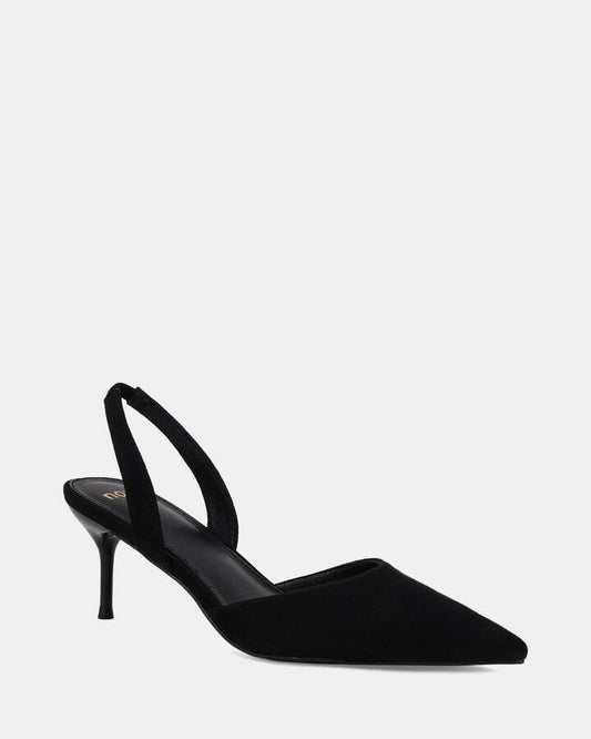 Image of Footwear. Productname: ISSAKA Black Suede Women's Court - Low Heel Novo Heels in Black colour by brand - Novo