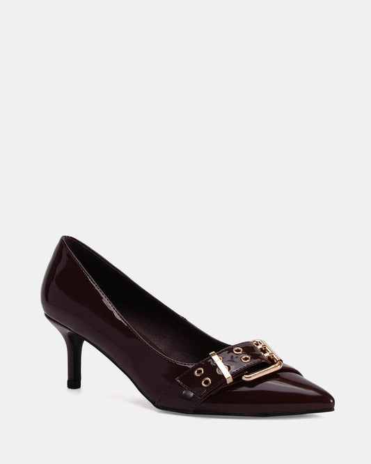 Image of Footwear. Productname: IVANO MILK CHOC PATENT Women's Court - Low Heel Novo Heels in Midnight colour by brand - Novo