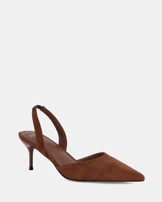 Image of Heels. Product name - Issaka Coffee Suede Vegan Heels in Teal colour by brand - Novo