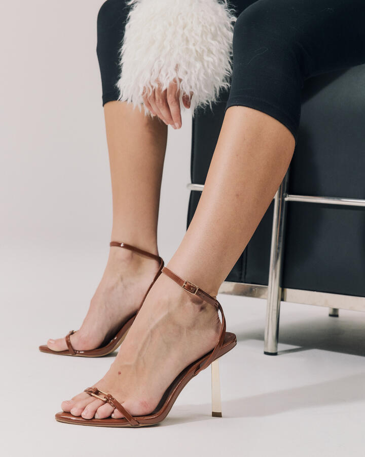Image of Heels. Product name - Zatara Coffee Patent Vegan Heels in Coffee Patent colour by brand - Novo