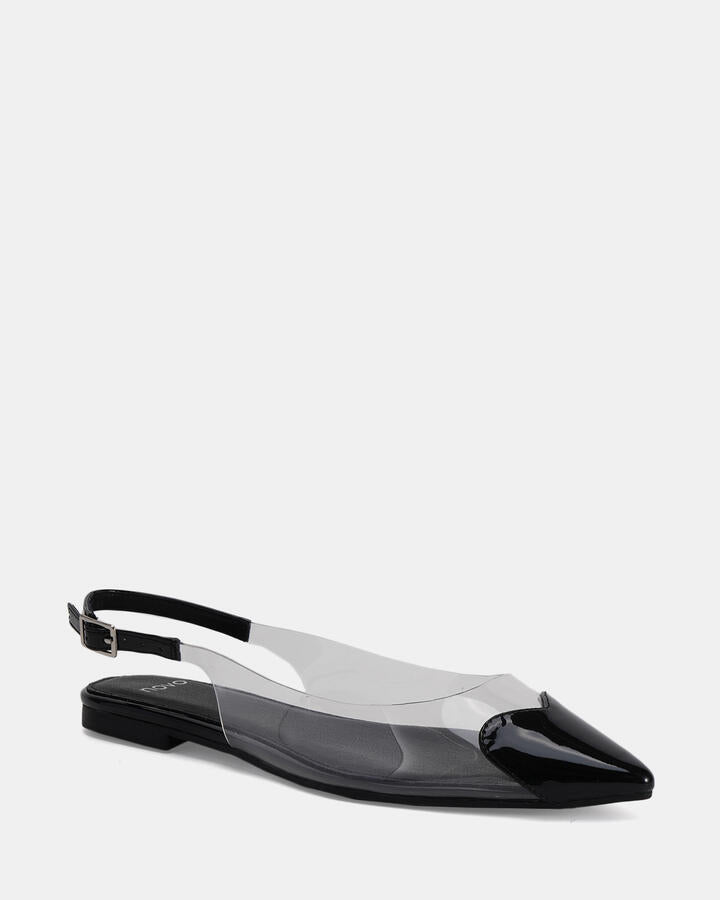 Image of Flats. Product name - Caress Black Patent Vegan Flats in Black colour by brand - Novo