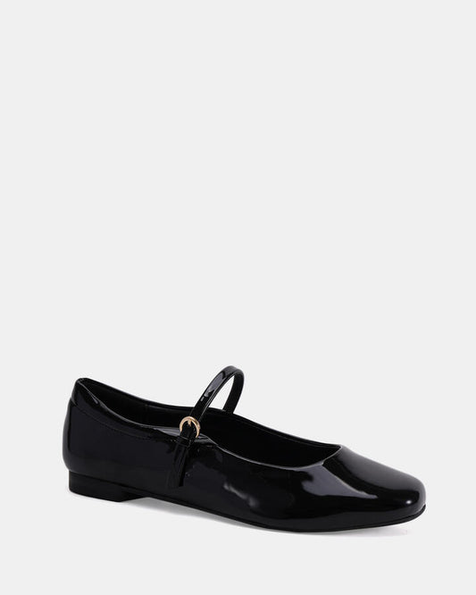 Image of Flats. Product name - Carabello Black Patent Vegan Flats in Black colour by brand - Novo