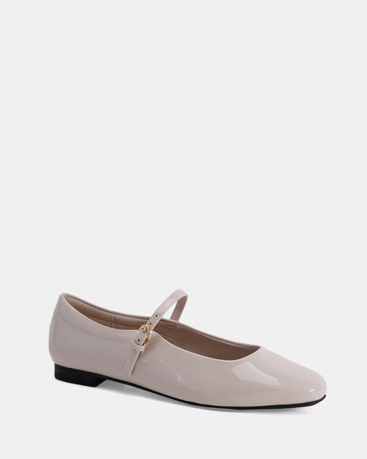 Image of Flats. Productname: Carabello: Cream Patent - Women's Casual Flat Closed in Neutral colour by brand - Novo