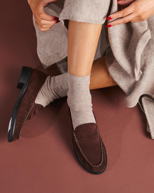 Image of Flats. Product name - Eveeta Choc Suede Loafers in Beige colour by brand - Novo