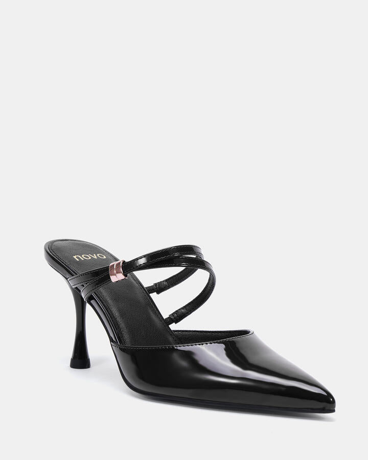 Image of Heels. Product name - Idonea Black Patent Vegan Heels in Black colour by brand - Novo