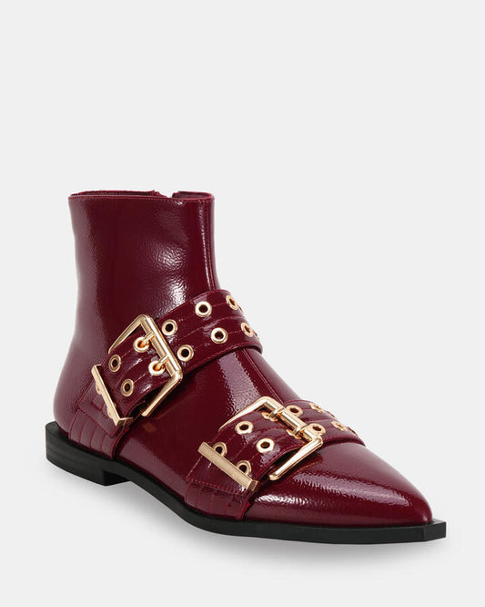 Image of Boots. Product name - Zayvier Deep Red Patent Vegan Boots in Deep Red Patent colour by brand - Novo