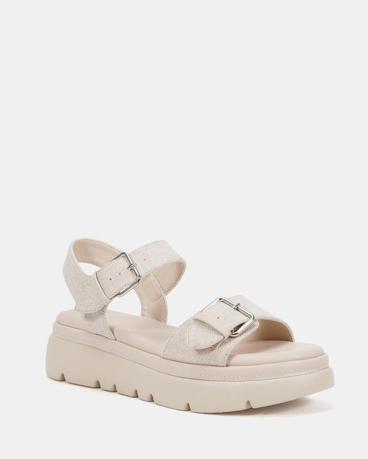 Image of Flats. Productname: Tanaka: Cream Linen - Women's Strappy - Flat in Cream Linen colour by brand - Novo