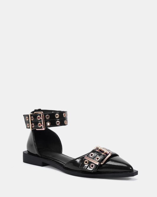 Image of Flats. Productname: ZLOAN Black Patent Women's High Fashion Novo Flats in Black colour by brand - Novo