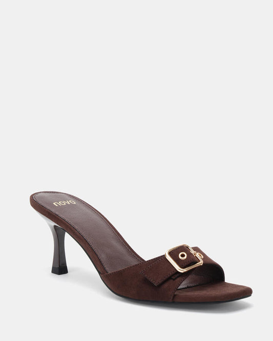 Image of Heels. Productname: VENEZIA ESPRESSO SUEDE Women's Strappy - Low Heel Novo Heels in Espresso Suede colour by brand - Novo