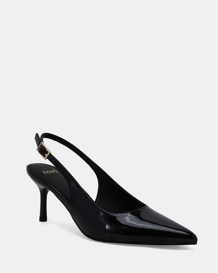 Image of Heels. Product name - Irma Black Patent Pumps in Black colour by brand - Novo