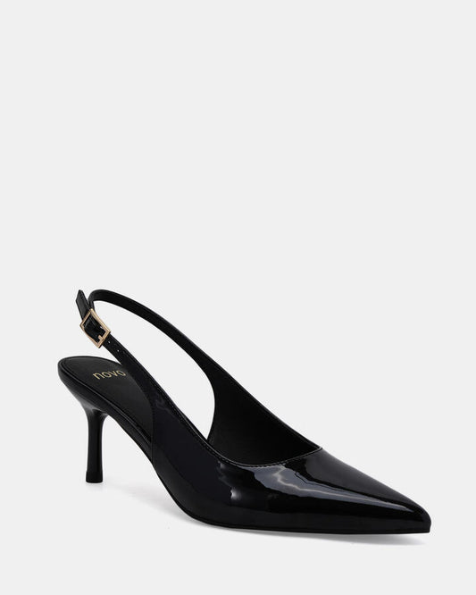 Image of Heels. Product name - Irma Black Patent Pumps in Black colour by brand - Novo