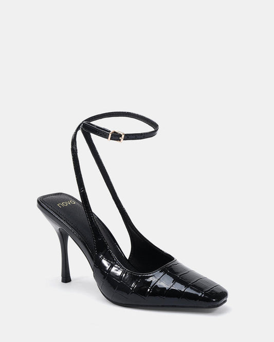Image of Heels. Product name - Irish Black Croc High Heels in Black colour by brand - Novo