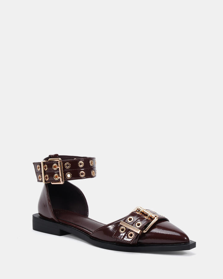 Image of Flats. Product name - Zloan Espresso Patent Vegan Flats in Espresso Patent colour by brand - Novo