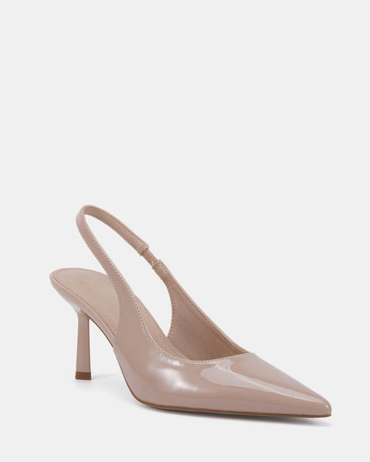 Image of Footwear. Productname: Iraya: Nude Patent - Women's Court - Low Heel in Beige colour by brand - Novo