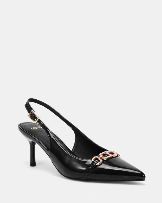 Image of Footwear. Productname: INNASYA Black Patent Women's Court - Low Heel Novo Heels in Black colour by brand - Novo