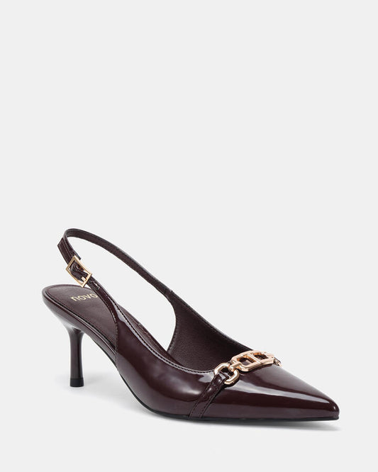 Image of Footwear. Productname: INNASYA ESPRESSO PATENT Women's Court - Low Heel Novo Heels in Espresso Patent colour by brand - Novo